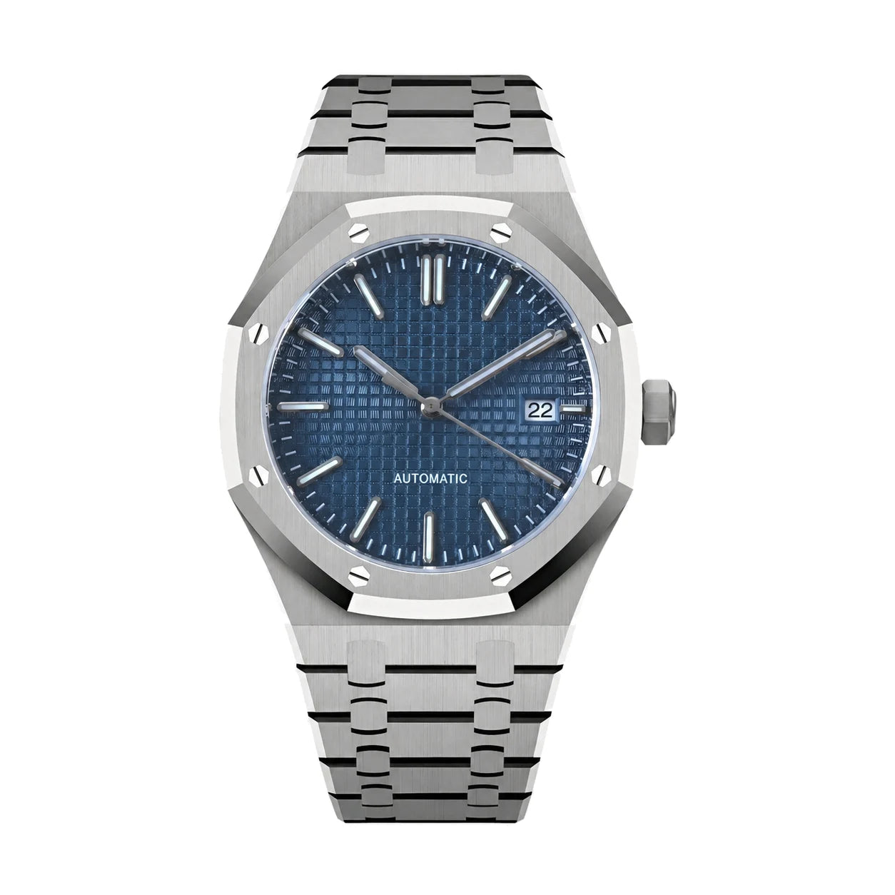 Produktbild der Seiko Mod Royal Oak mit blauem Zifferblatt, weißen Indizes und integriertem Edelstahlarmband