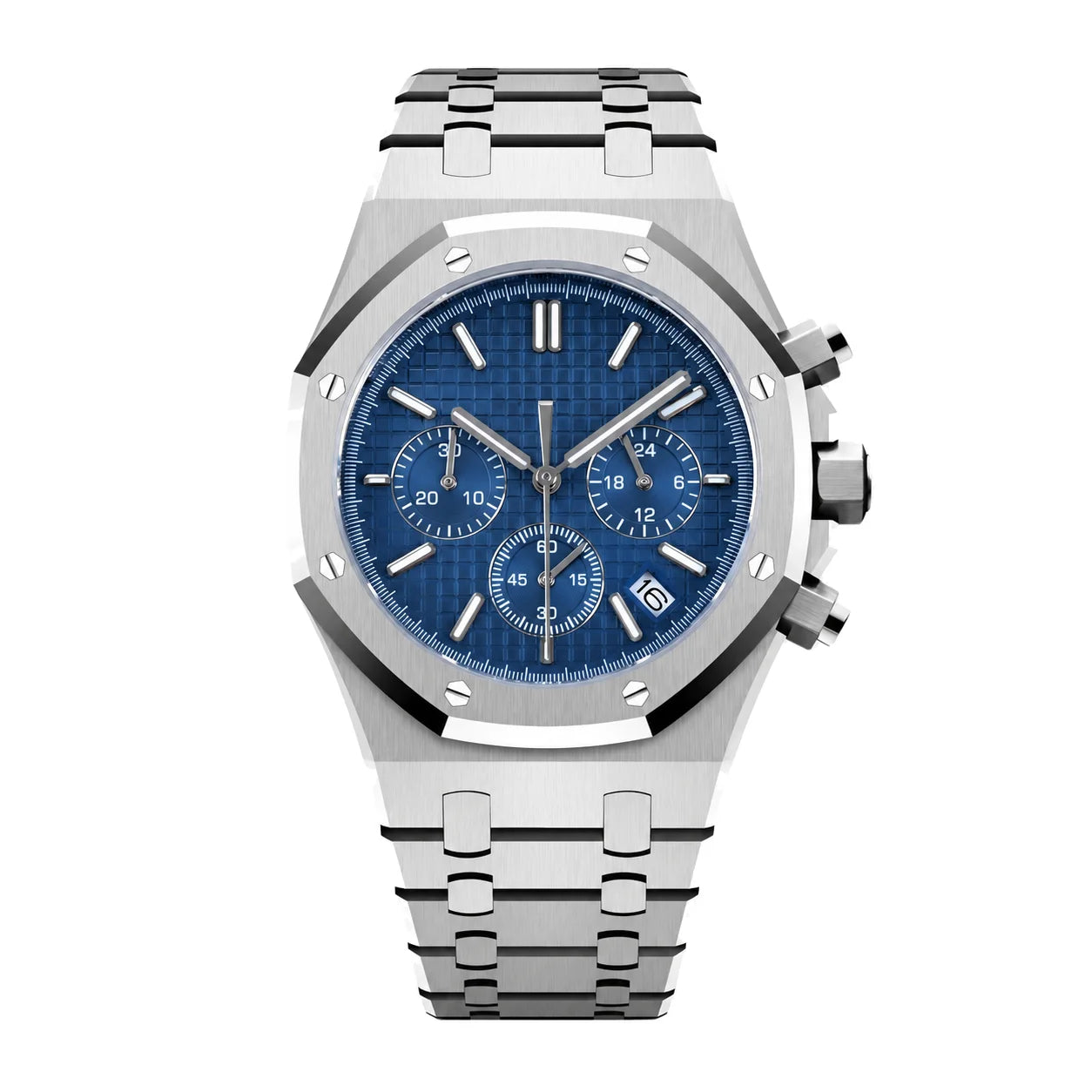 Frontansicht der Seiko Mod Royal Oak Blau Chronograph mit blauem Zifferblatt und Edelstahlarmband