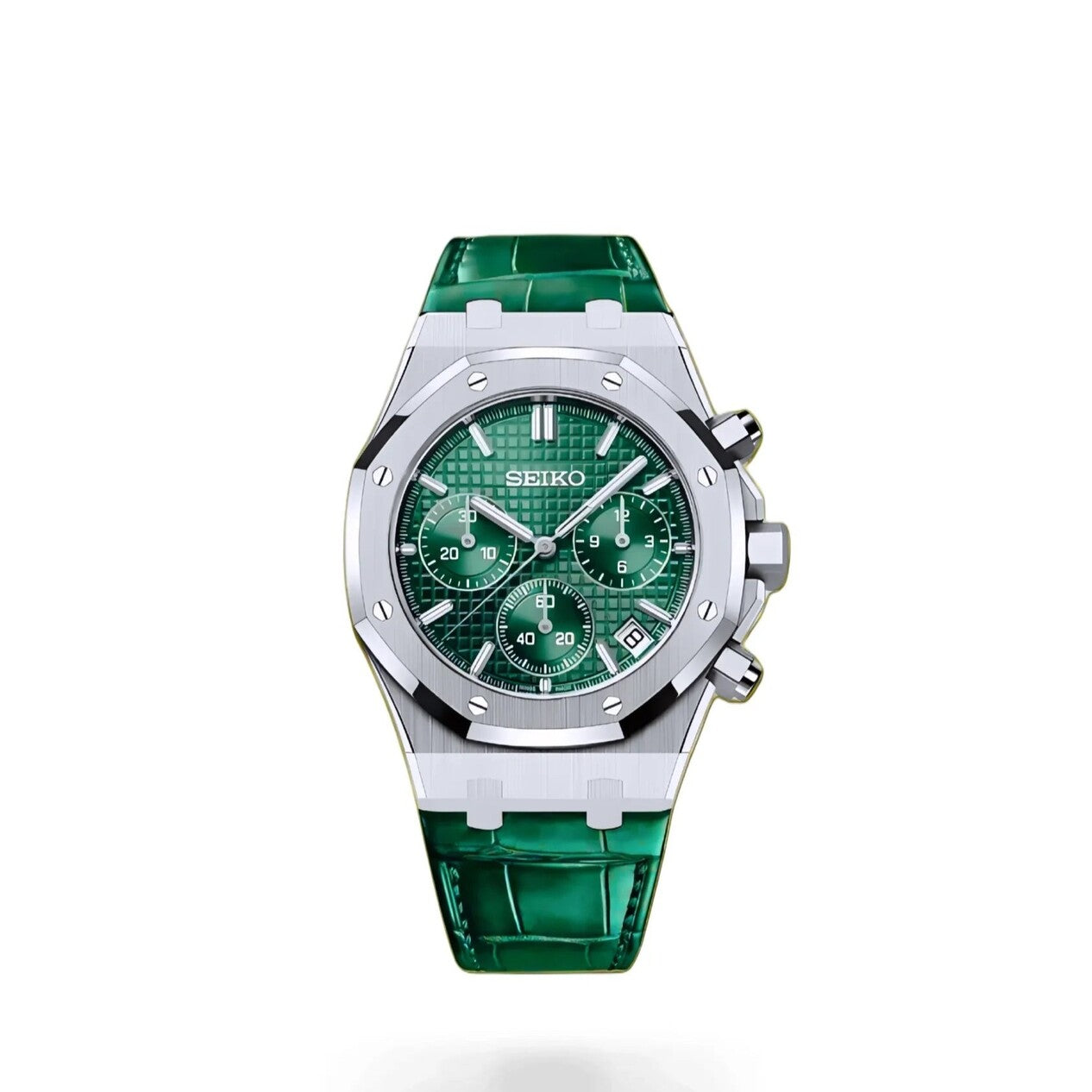 Frontansicht der Seiko Mod Royal Oak Chrono Green mit smaragdgrünem Waffle-Zifferblatt, drei silbernen Subdials und grünem Lederarmband