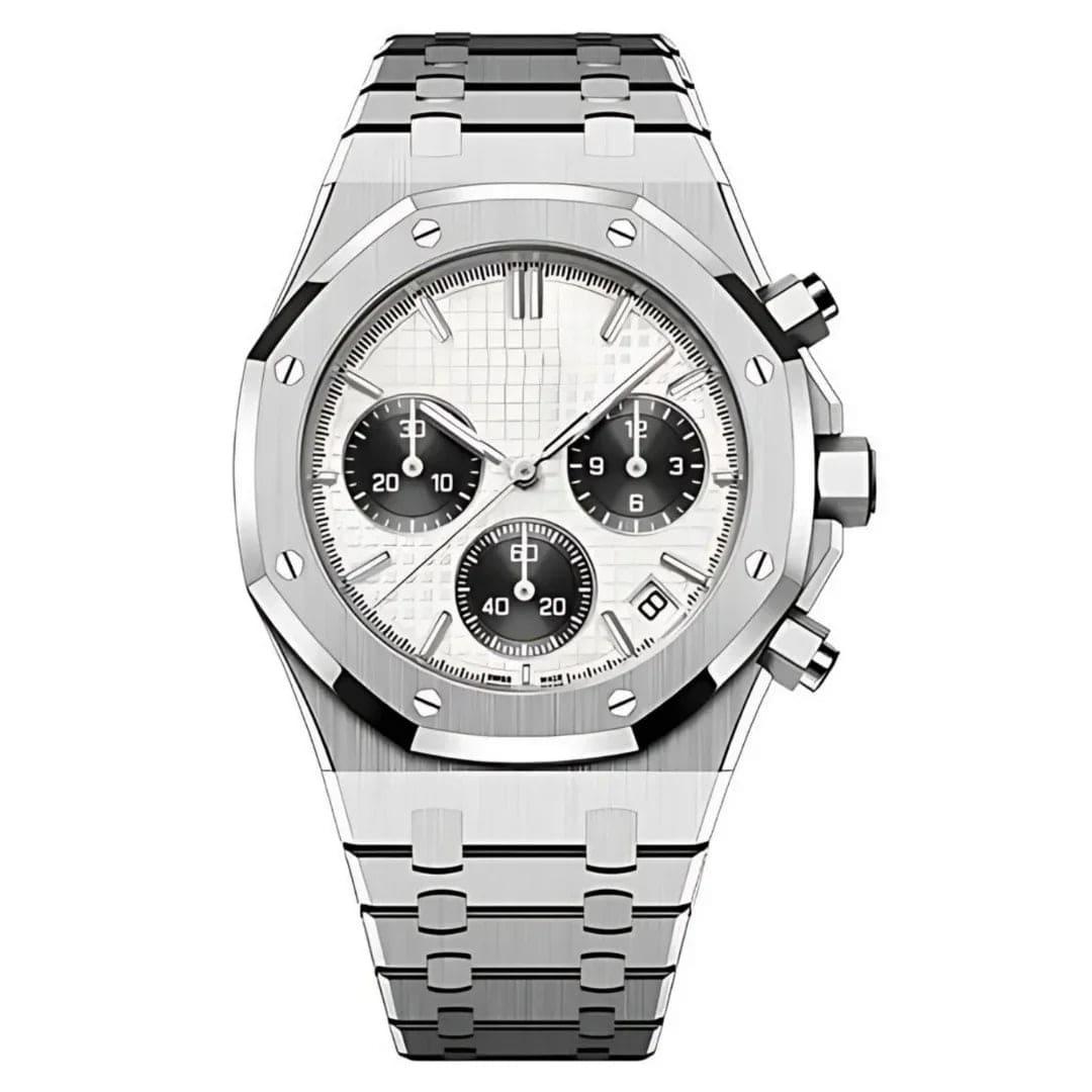 Seiko Mod Royal Oak Chrono Panda Chronograph mit weißem Waffle-Zifferblatt, schwarzen Subdials und Edelstahlarmband