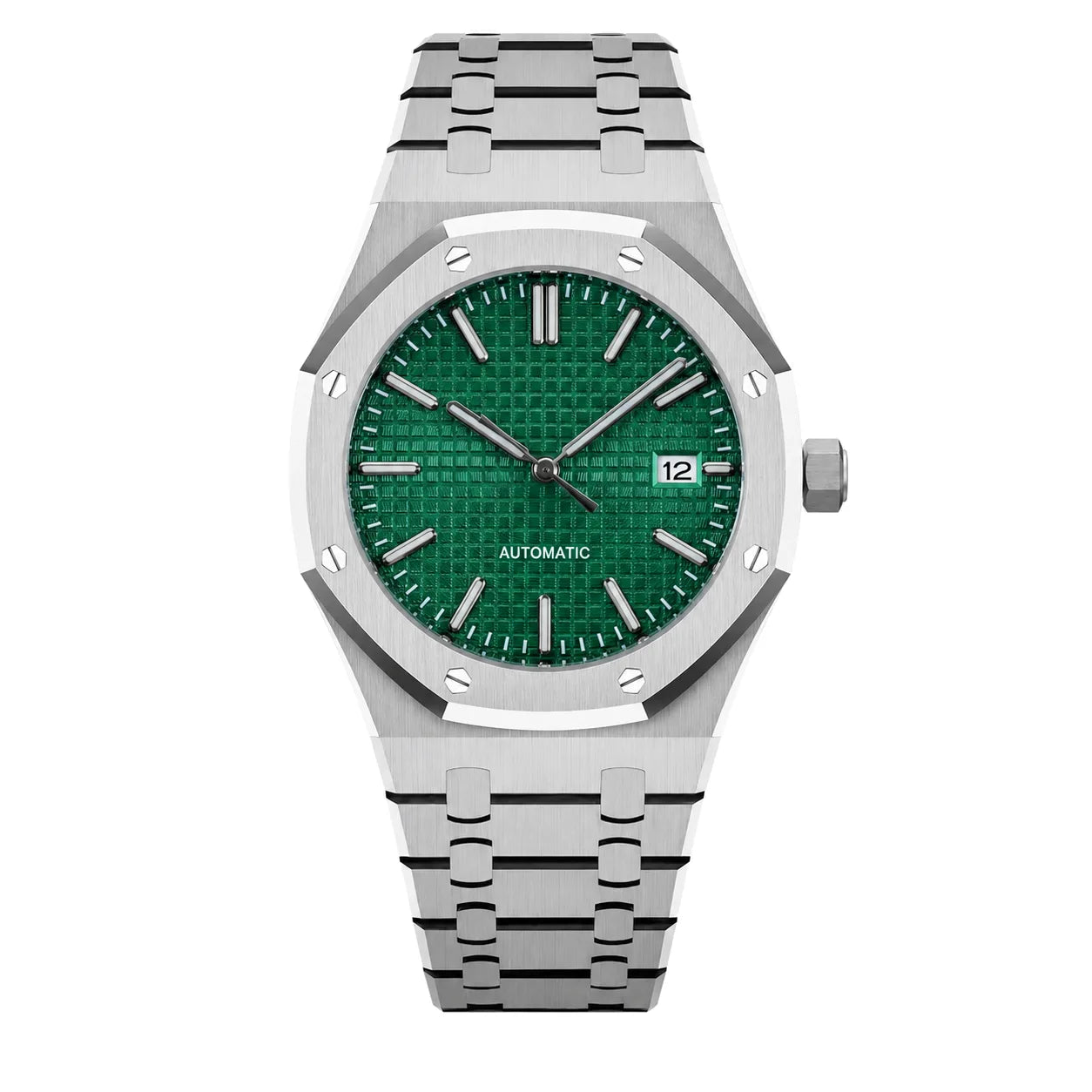 Seiko Mod Royal Oak Grün mit eckiger Lünette, silberfarbenem Gehäuse und Datumsanzeige in Frontansicht