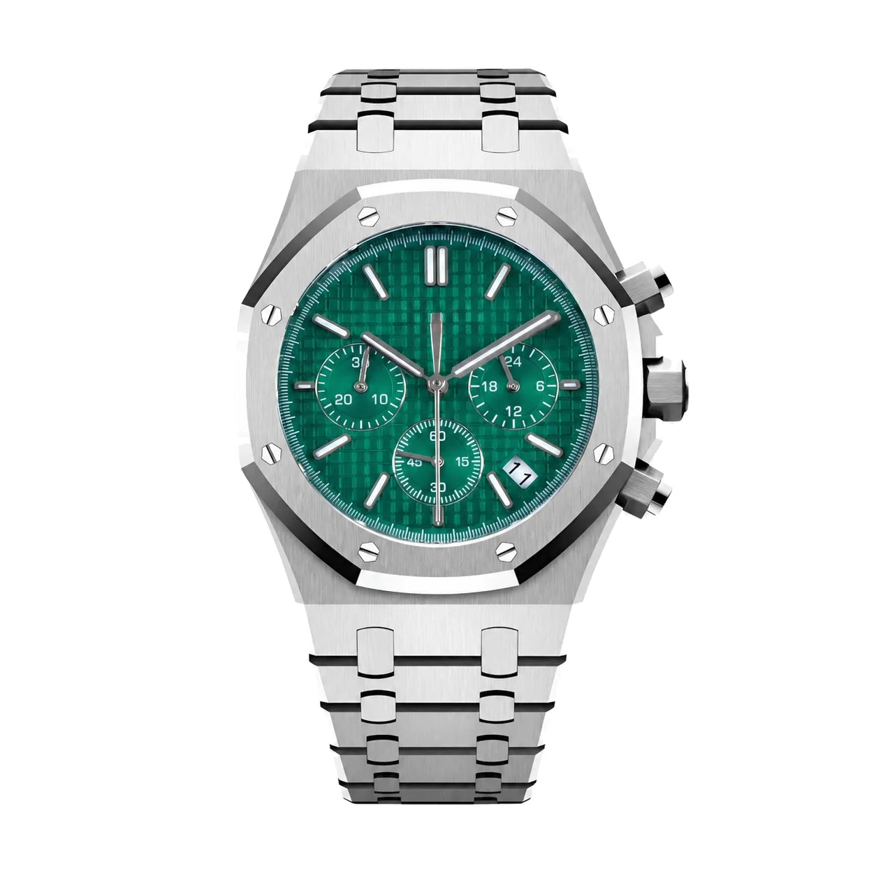 Frontansicht der Seiko Mod Royal Oak Grün Chronograph mit grünem Zifferblatt und Edelstahlarmband
