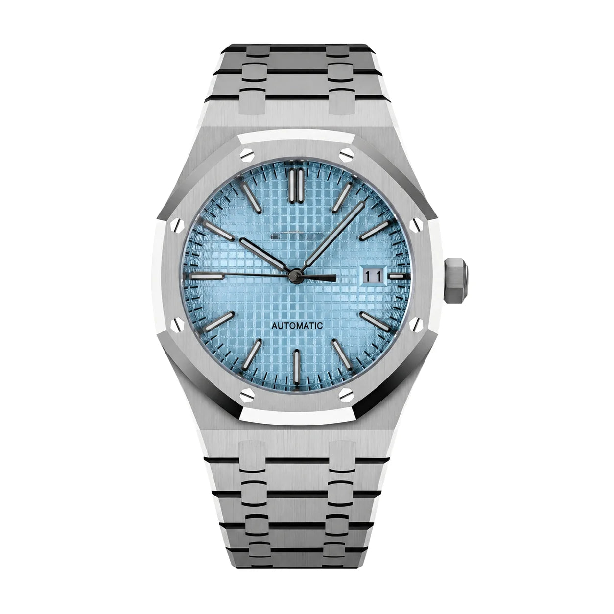 Produktbild der Seiko Mod Royal Oak Ice Blue mit hellblauem Zifferblatt und sichtbaren Schrauben