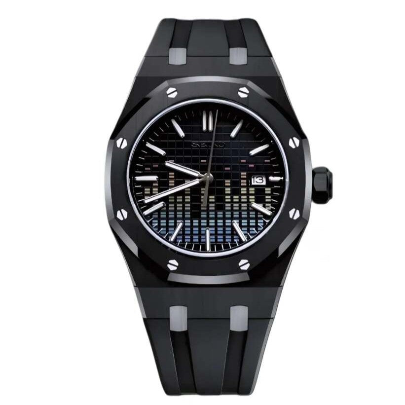 Seiko Mod Royal Oak Music Dial Black Automatikuhr mit einzigartigem Soundwave-Zifferblatt, 41mm Edelstahlgehäuse und Saphirglas
