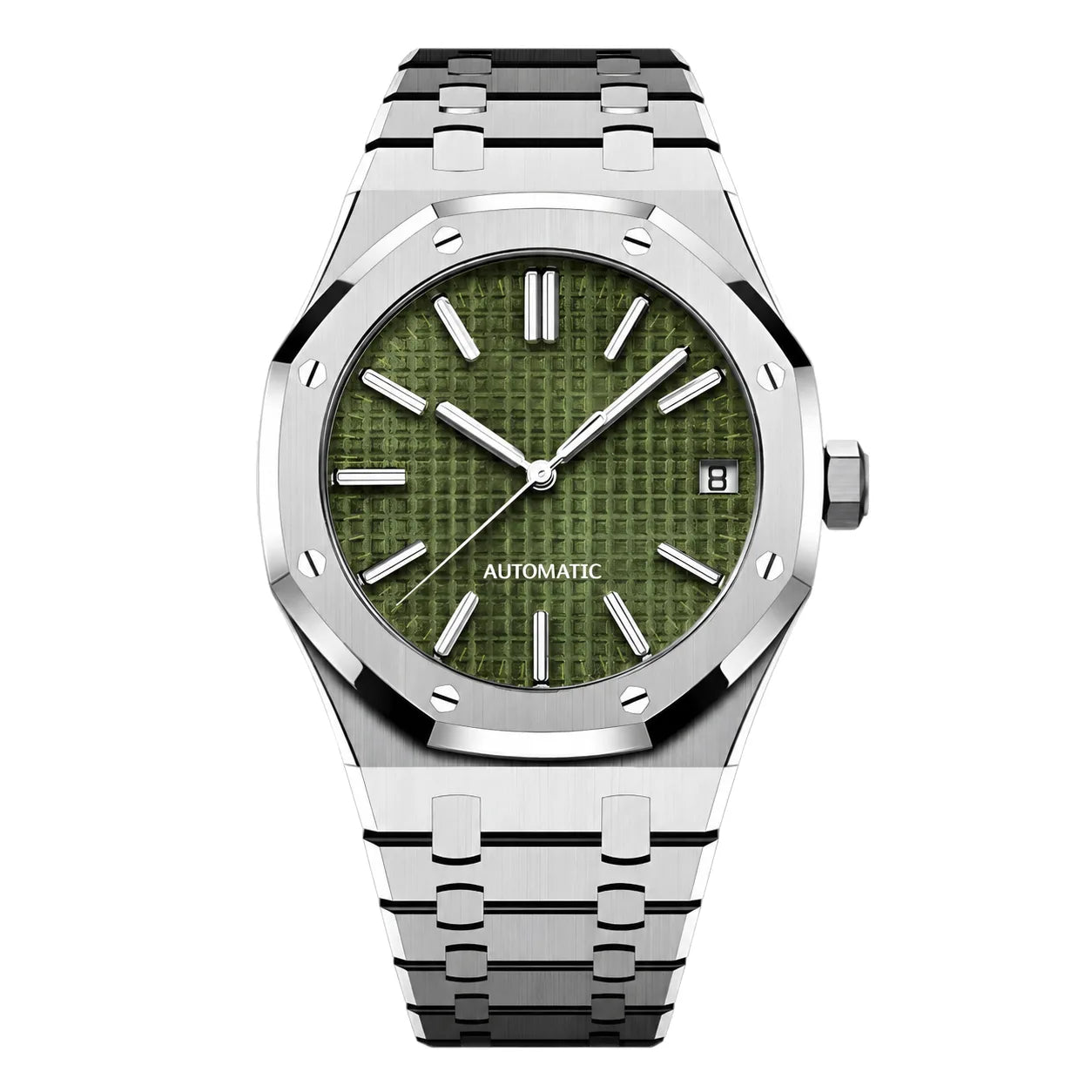 Frontansicht der Seiko Mod Royal Oak Olivgrün mit olivgrünem Zifferblatt und Edelstahlarmband