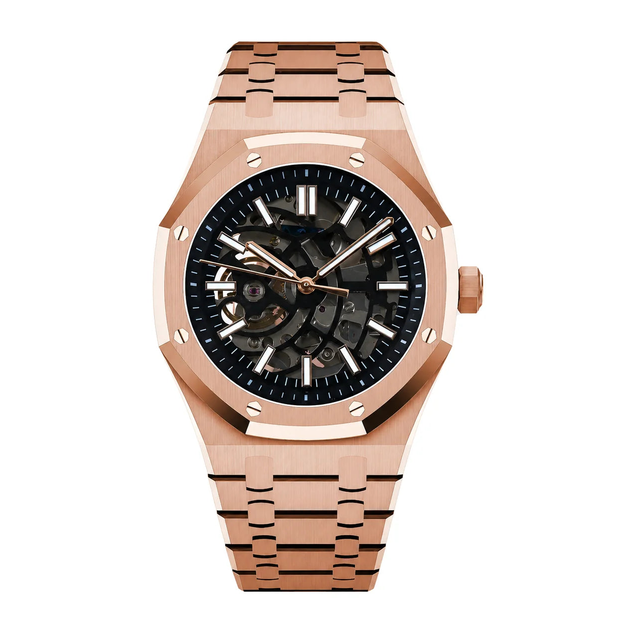 Produktbild der Seiko Mod Royal Oak Skeleton Roségold mit skelettiertem Zifferblatt und sichtbaren Schrauben auf der Lünette