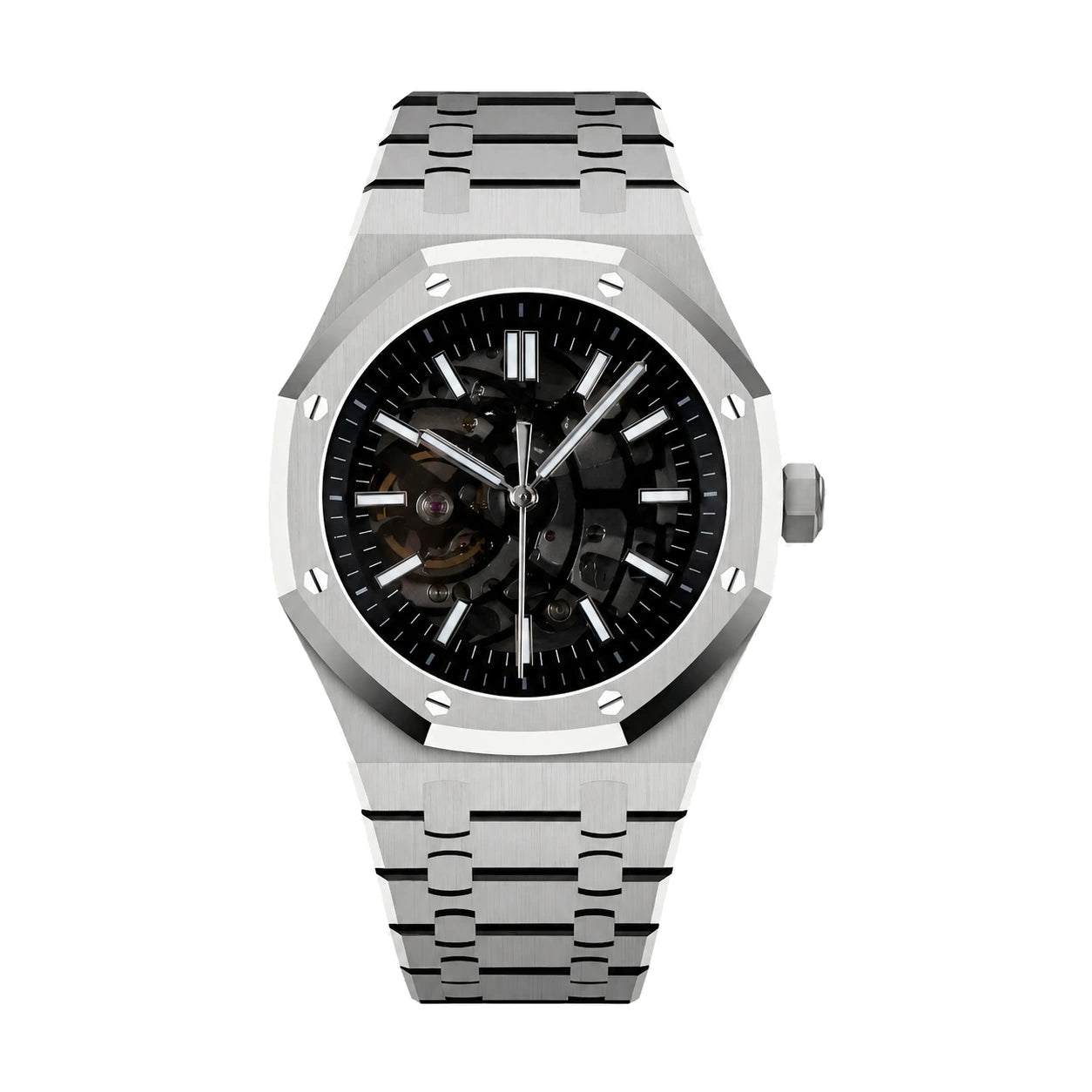 Produktbild der Seiko Mod Royal Oak Schwarz mit skelettiertem Zifferblatt und sichtbaren Schrauben