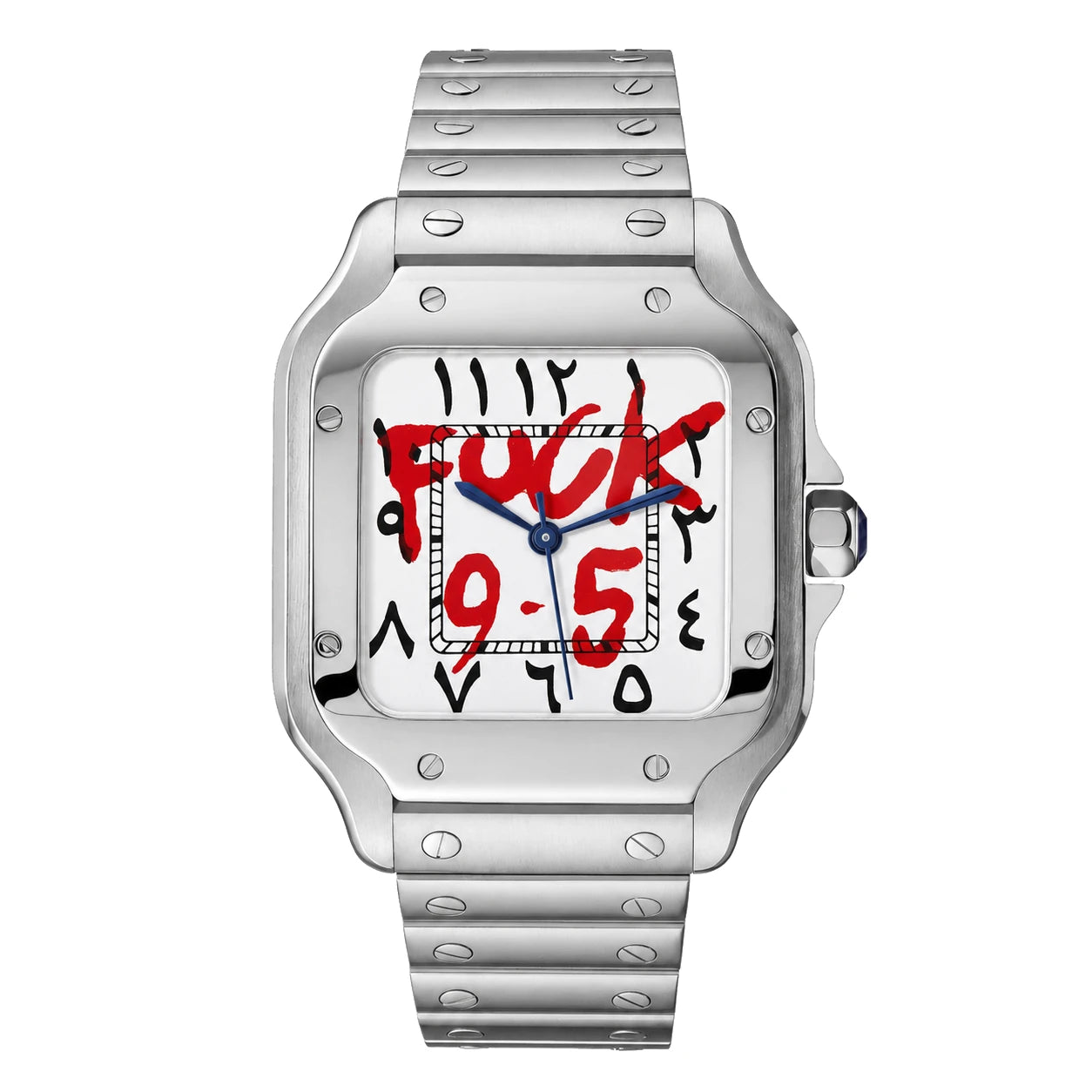 Seiko Mod Santos mit rotem 9-to-5-Schriftzug, arabischen Zahlen und blauen Zeigern in Frontansicht