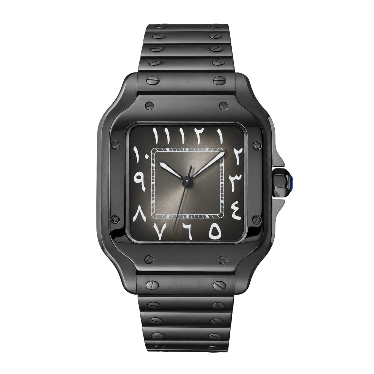 Frontansicht der Seiko Mod Santos All Black mit dunklem Zifferblatt und arabischen Zahlen