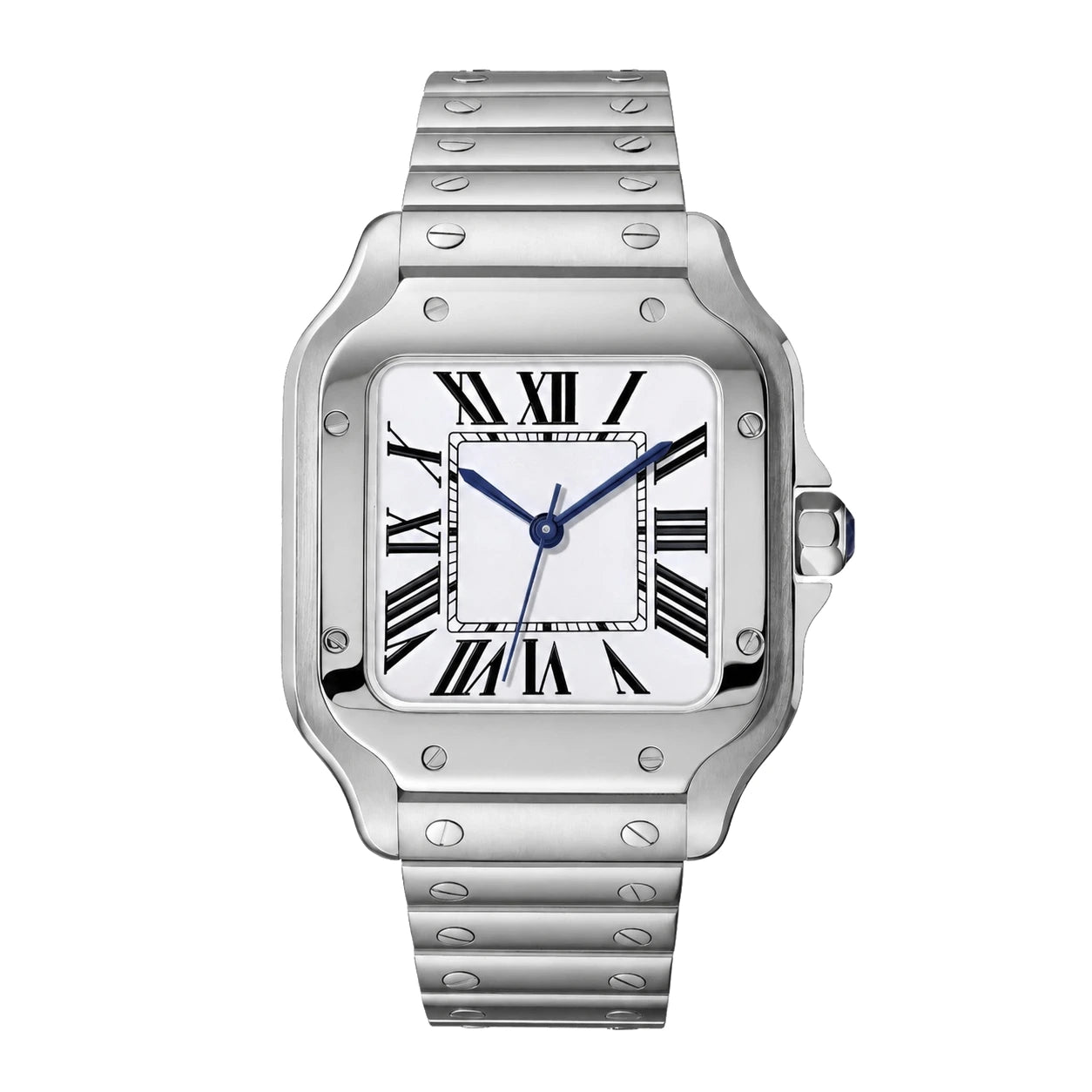 Seiko Mod Santos in Frontansicht mit weißem Zifferblatt, blauen Zeigern und Edelstahlarmband