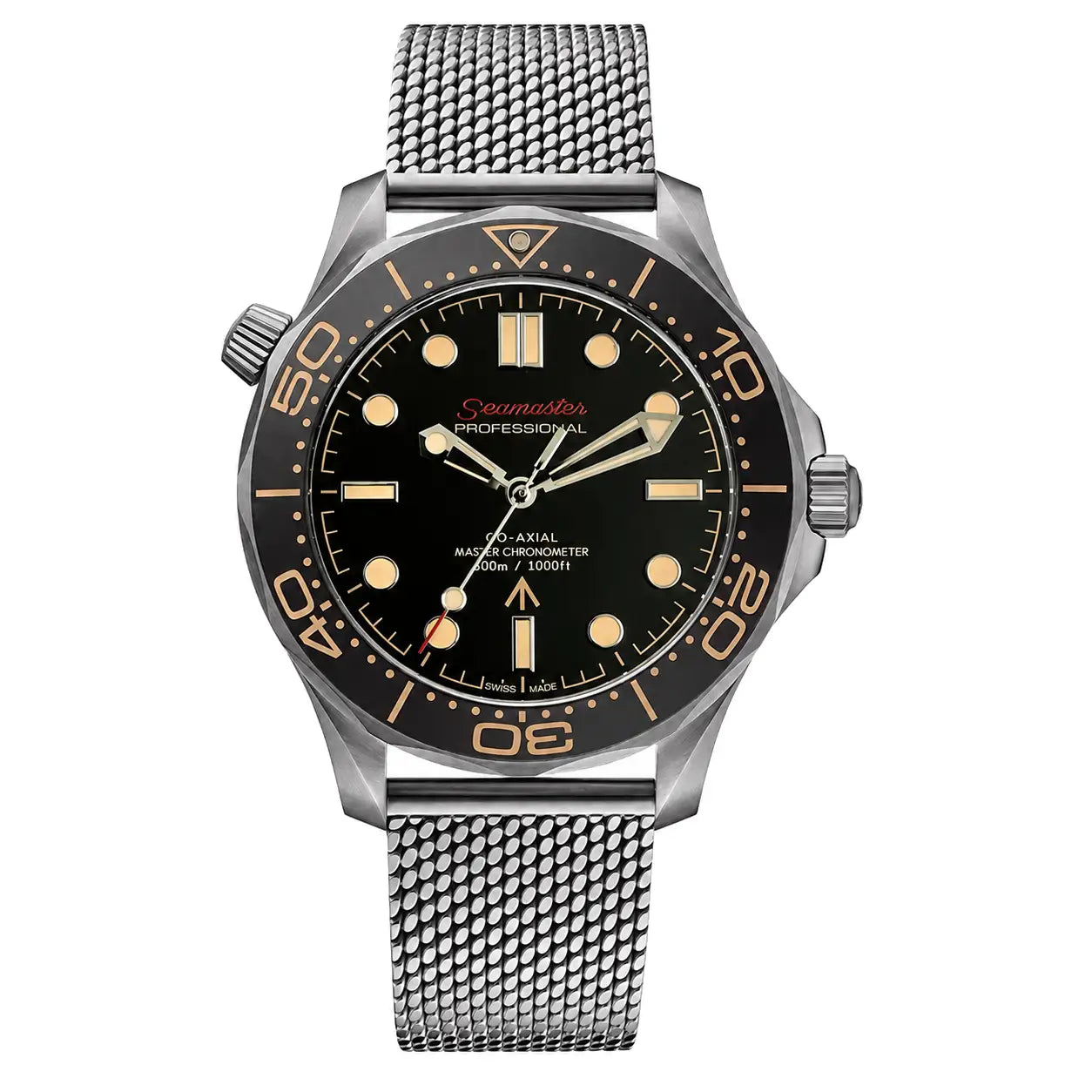 Frontansicht der Seiko Mod Seamaster 007 mit schwarzem Zifferblatt und Milanaise-Armband