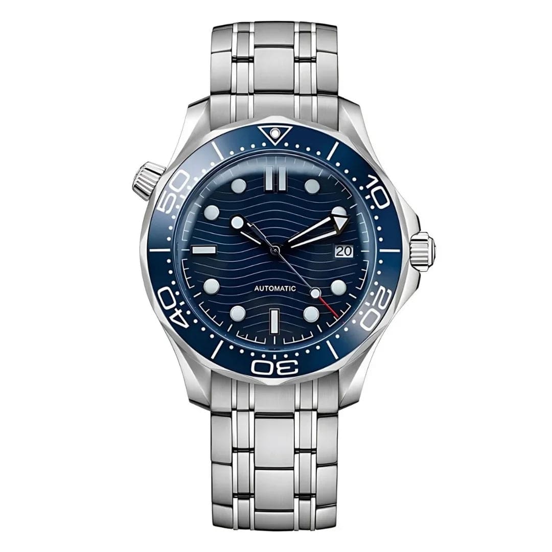 Seiko Mod Seamaster mit blauem Wellen-Zifferblatt, silbernem Edelstahlarmband und blauer Lünette