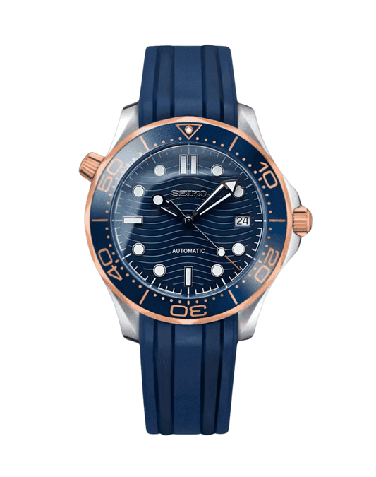 Seiko Mod Seamaster Rose Gold Blue Automatikuhr mit blauem Zifferblatt, roségoldenem Gehäuse und Jubilé-Armband
