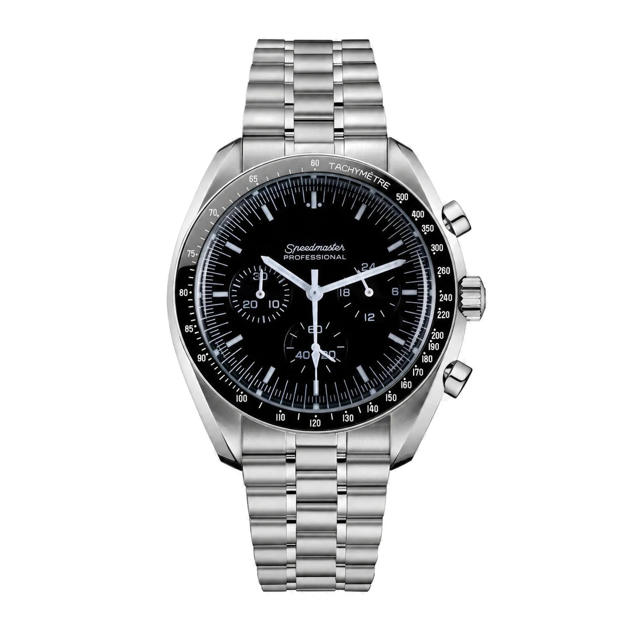 Gerade Produktansicht der Seiko Mod Speedmaster mit Chronographenzifferblatt und Tachymeter-Lünette
