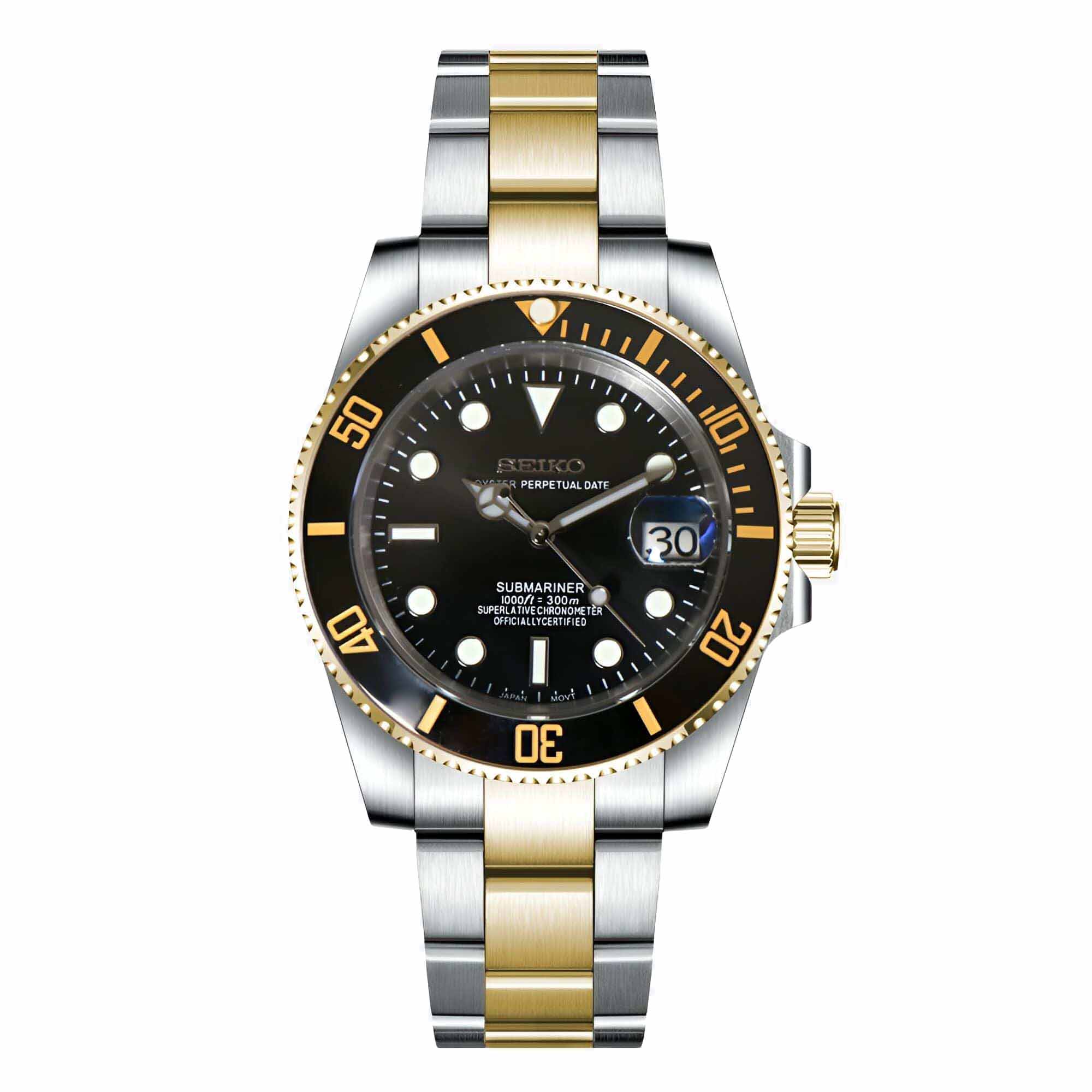 Seiko Mod Submariner Black Two-Tone Automatikuhr mit NH35 Uhrwerk, schwarzem Zifferblatt, goldener Lünette und zweifarbigem Edelstahl-Gold-Armband
