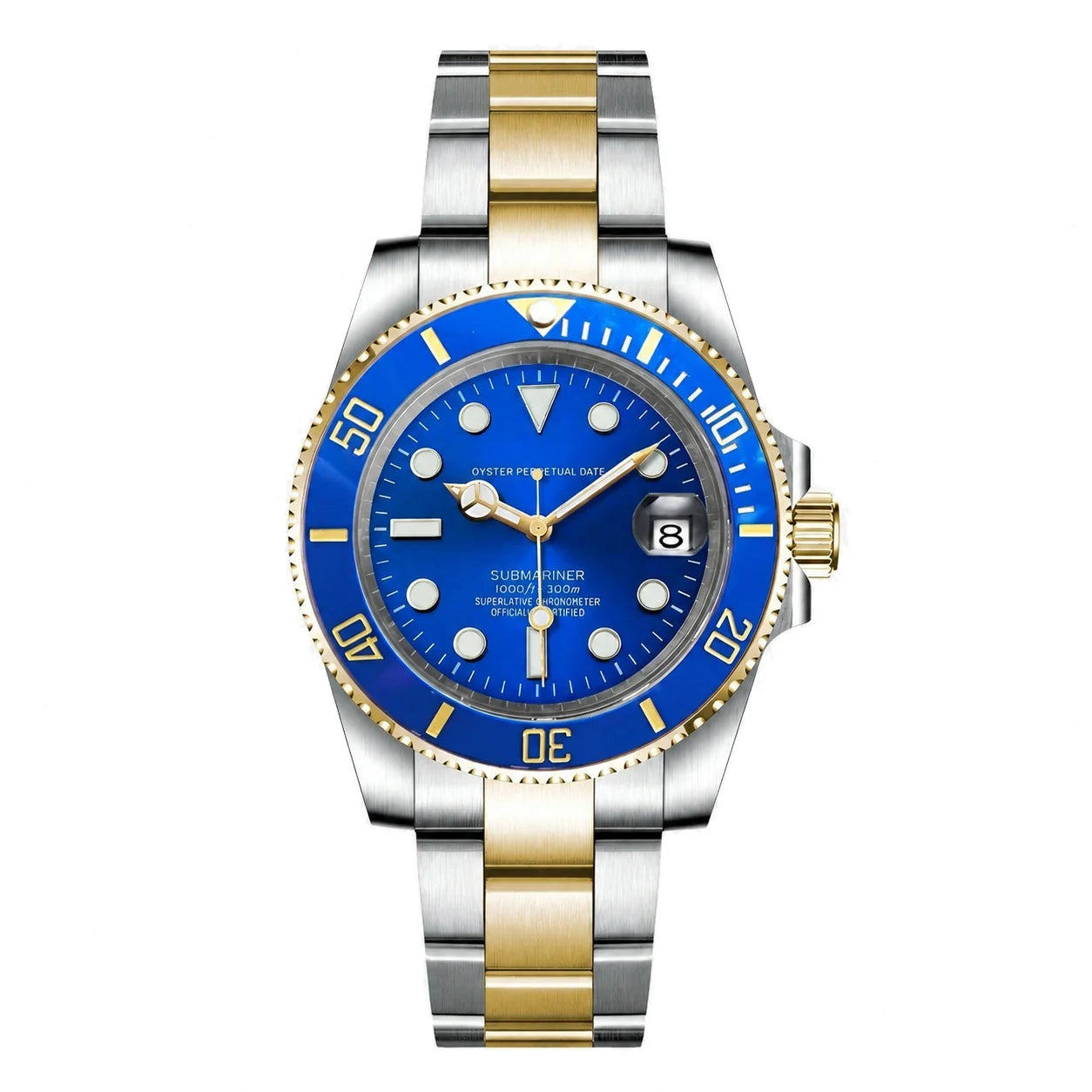 Frontalaufnahme der Seiko Mod Submariner Bicolor mit blauer Keramiklünette und zweifarbigem Edelstahlband