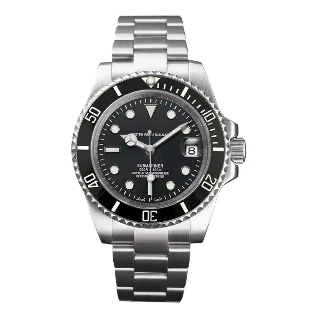 Seiko Mod Submariner Classic Black Automatikuhr mit NH35 Uhrwerk, schwarzem Zifferblatt, schwarzer Keramik-Lünette und Oyster Edelstahlarmband