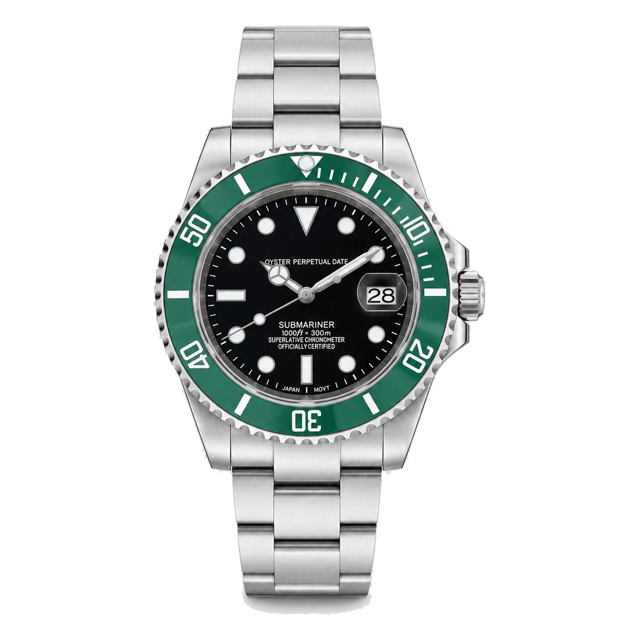 Seiko Mod Submariner Kermit Frontansicht mit schwarzem Zifferblatt, grüner Lünette und Edelstahlarmband