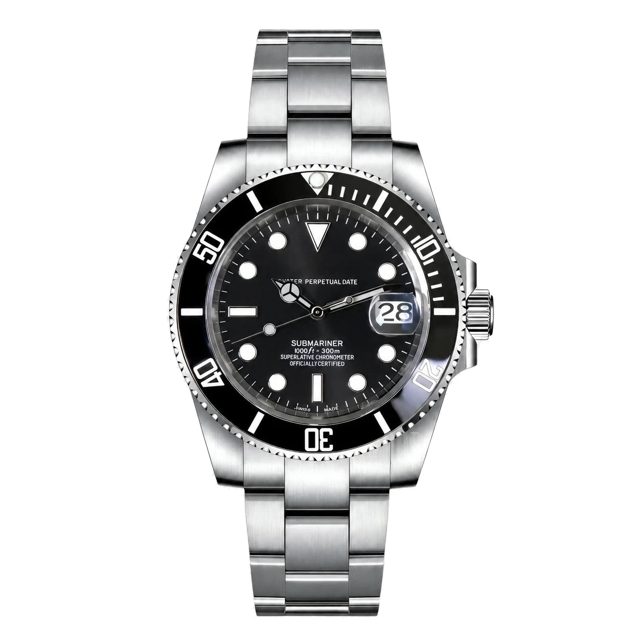 Seiko Mod Submariner mit schwarzem Zifferblatt und schwarzer Lünette in Frontansicht