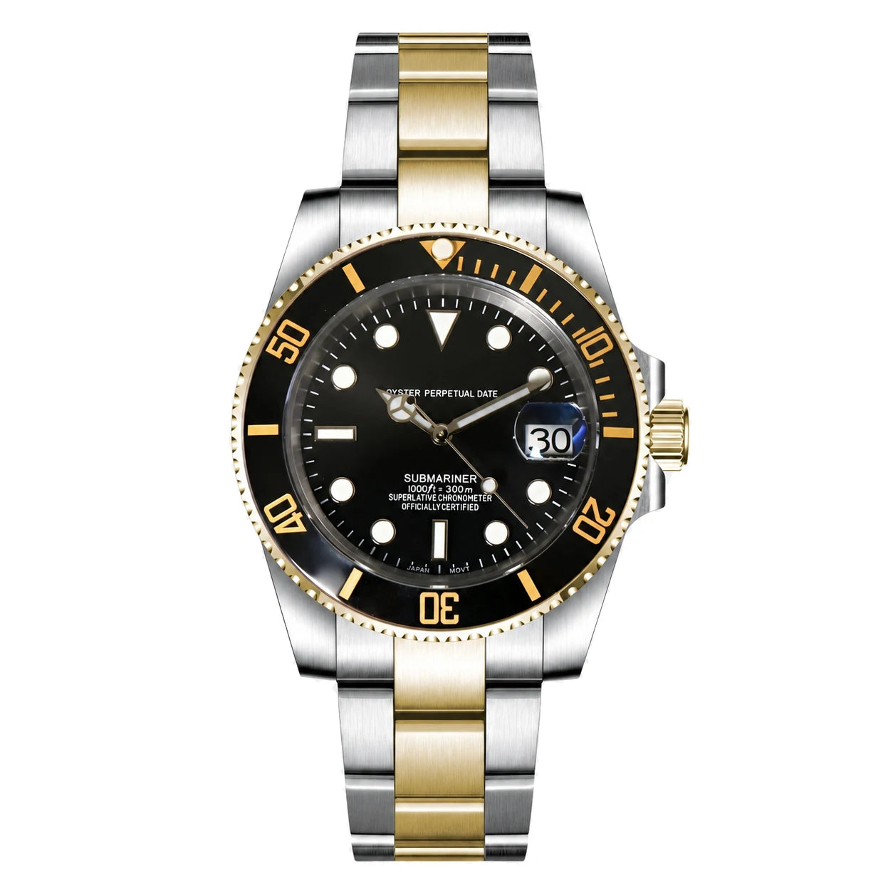Seiko Mod Submariner in Frontansicht mit Two-Tone Armband, schwarzer Lünette und Edelstahlgehäuse