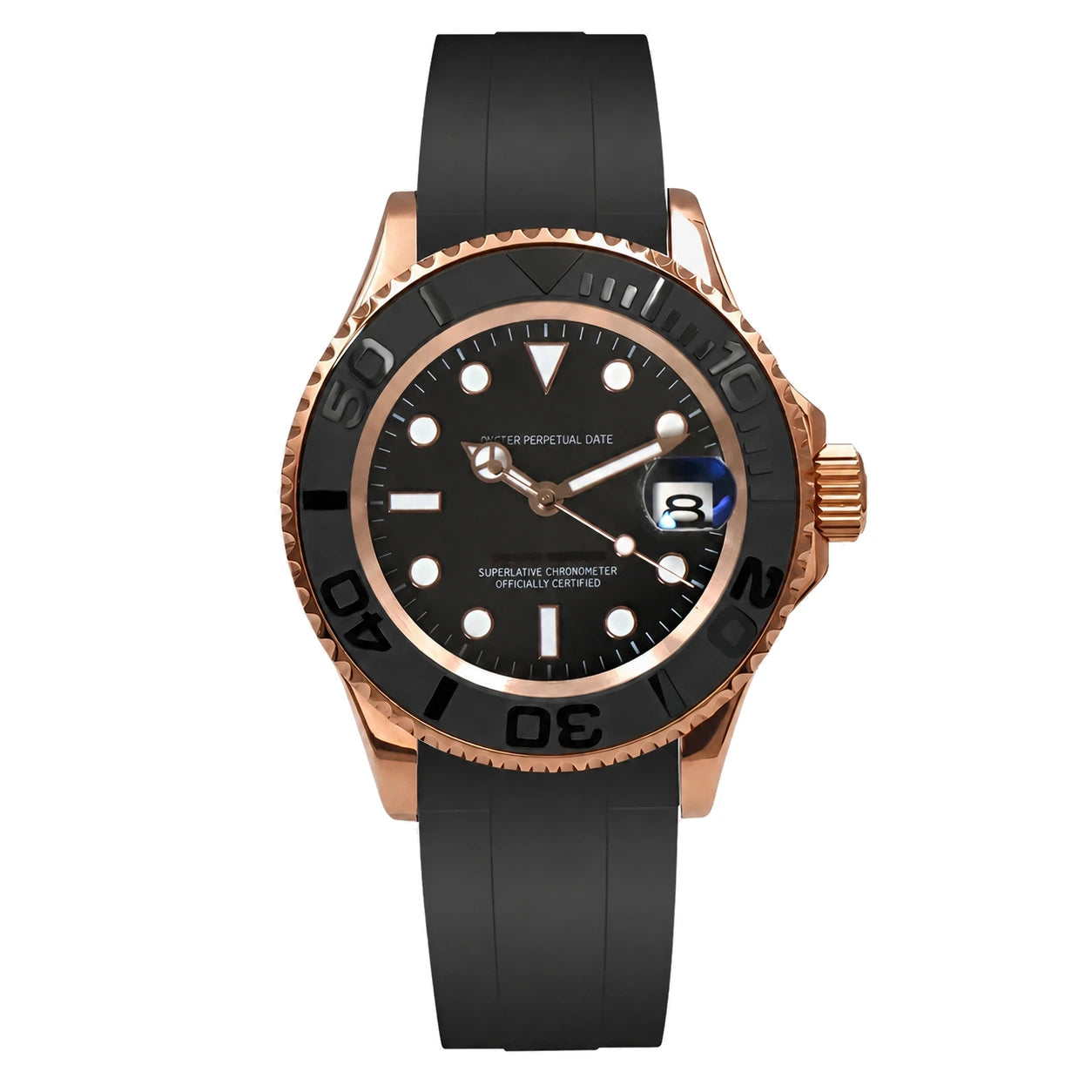 Produktbild der Seiko Mod Yacht-Master Schwarz Roségold mit Saphirglas, schwarzer Lünette und Datumsanzeige