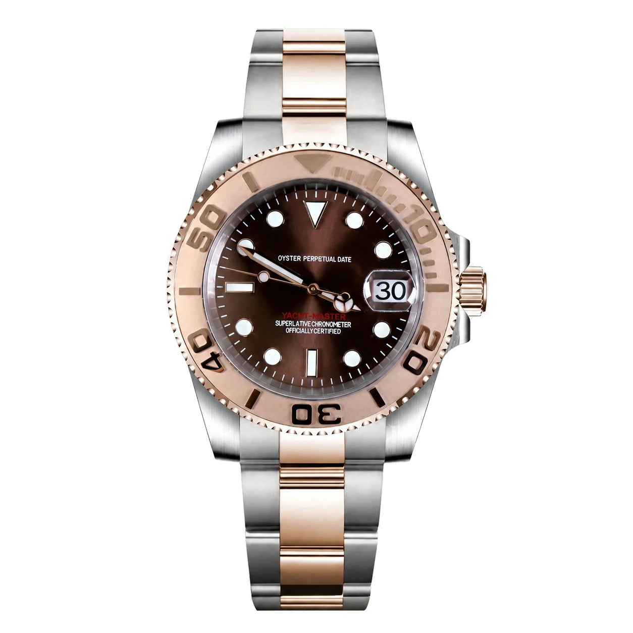 Produktbild der Seiko Mod Yacht-Master Roségold mit braunem Zifferblatt und zweifarbigem Edelstahlarmband