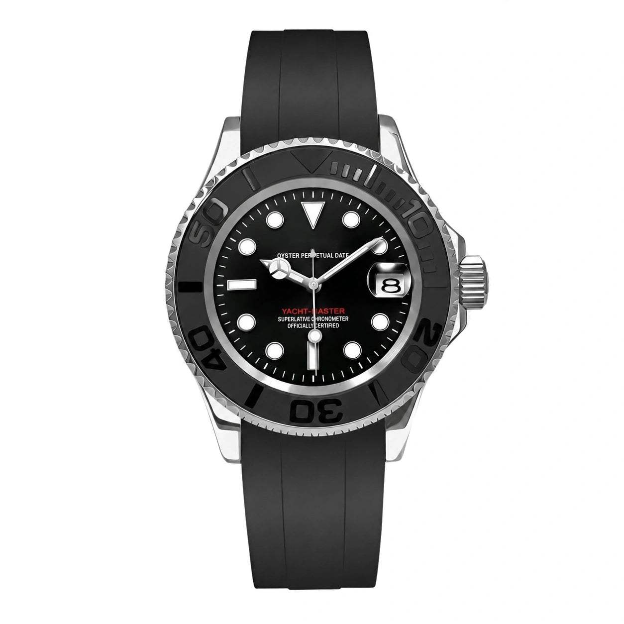 Frontansicht der Seiko Mod Yacht-Master Schwarz mit schwarzem Zifferblatt und Kautschukarmband