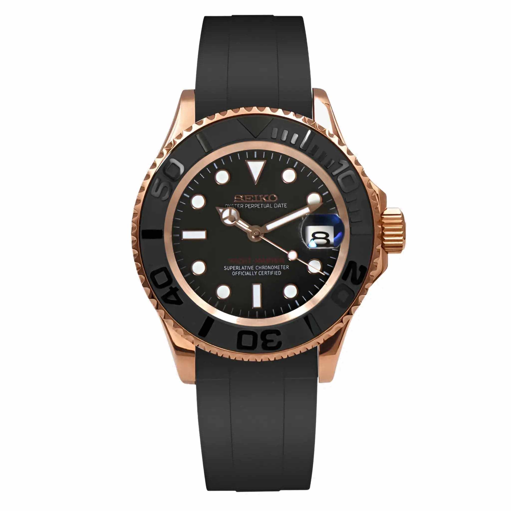 Seiko Mod Yachtmaster Rose Gold Black Taucheruhr mit NH35 Uhrwerk, schwarzem Zifferblatt, Roségold-Gehäuse und schwarzem Kautschukarmband